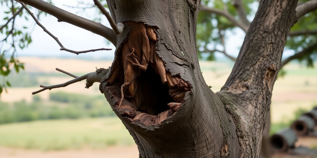 Decayed tree with damaged branches and hollow trunk.