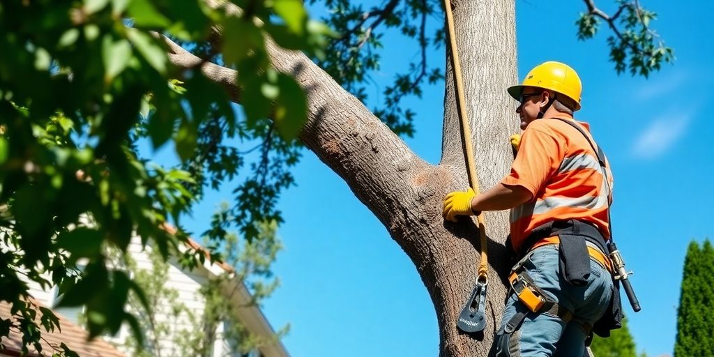 Tree removal service worker cutting down a large tree.