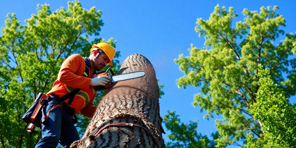 Tree removal service worker cutting down a large tree.