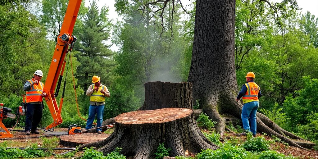 Tree removal workers cutting down a large tree.